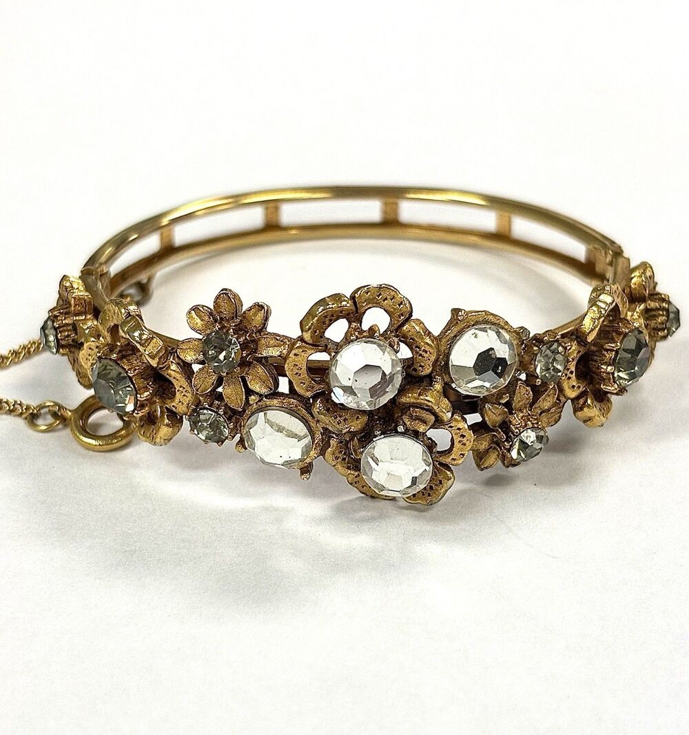 Vintage Signed Florenza Rhinestone Hinged Bangle Bracelet Gold Tone Rare